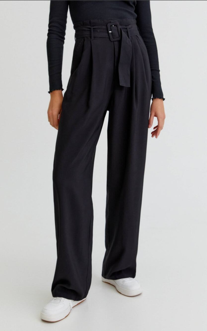 NWT Pull & Bear Black Paperbag High Waist Belted Ankle Pant Trouser 8677/407 S